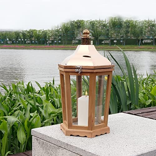 TRIROCKS Wood Decorative Lantern 43cm High Candle Holder Hanging Lantern With Clear Glass Panels Perfect For Home Decor Living Room Parties Events Tabletop Indoors Outdoors (Bronze)