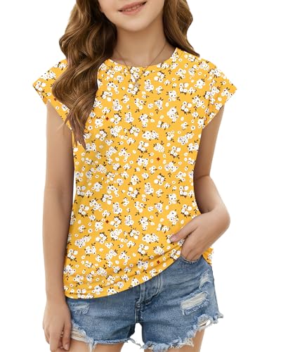 Girls Cute Short Cap Sleeve T Shirts Teen Casual Kids Summer Clothes Crewneck Tee Top 5-14 Years Yellow Flower XS