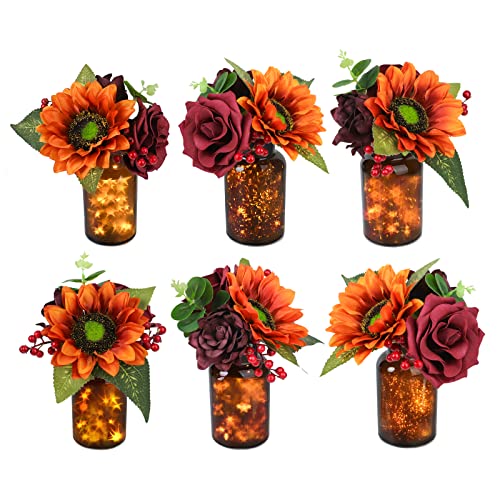 ROYETUM Wedding Centerpieces Flower Arrangements Various Flashing Effects On Vase Orange Burgundy Set of 6 for Night Event/Ceremony/Party/Performance/Photo Shoot (Table Décor)