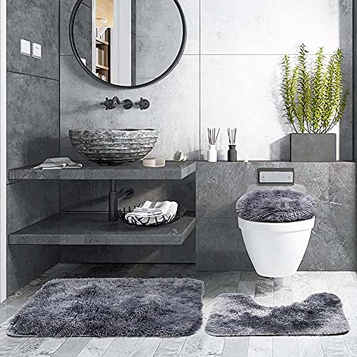 ARLTTH 3er Set Batik Badematten Set Aus Weichem Plüsch, rutschfest, Saugfähig, Badezimmerteppich, U-förmiger Konturteppich Und Toilettendeckelbezug, Waschbar (Grau) – Bild 4