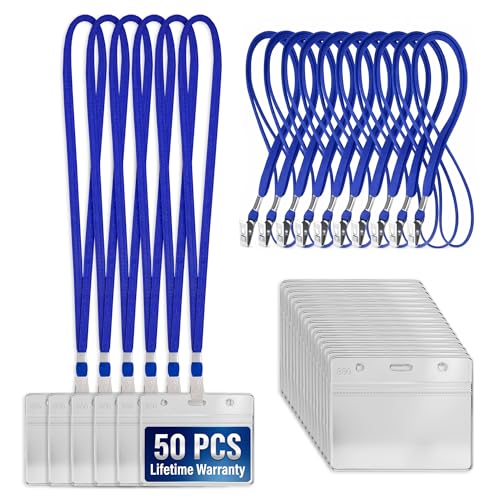 50 Pcs Lanyard with ID Holder – 3.15 x 3.93 Plastic Name Tag Lanyards Bulk with Insert 3.54 x 2.36, Flexible Strap, Resealable Closure – Bulk Lanyards with ID Holder for Office Passes & Credit Cards