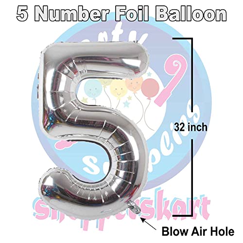 Image of Silver 32 Inches 5 Numbers Shape Large Big Foil Helium Balloons For Party Decorations In Happy Birthday Anniversary Office Items Materials Set Pack, Pack Of 1