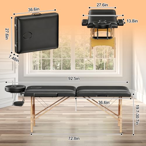 Image of 72.8'' Professional Massage Tables Portable Lightweight Massage Bed with Bag, 12 Height Adjustable Esthetician Bed Memory Foam Foldable Massage Table Premium Spa Tattoo Bed, Black