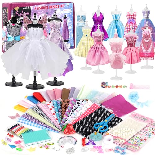 YOCOLE 1000+ Piezas Kit Diseña la Moda Niña, DIY Kit Costura con Telas Manualidades con 5 Maniquíes Accesorios, Regalos Fashion Designer Creativos Juegos para Niñas Niños 6 7 8 9 10 11 Años