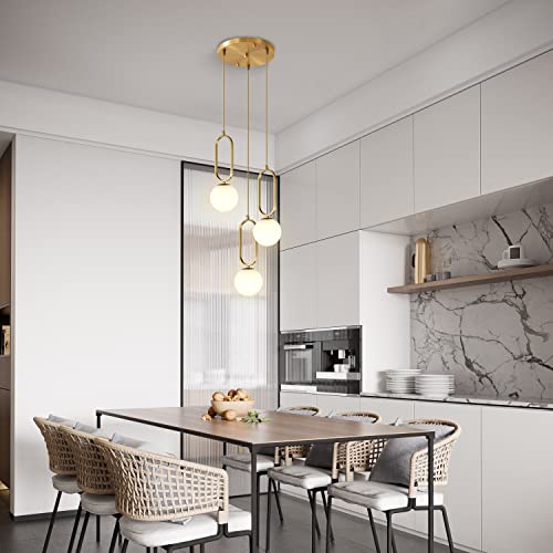 Image of 3-Light Globe Glass Pendant Light, Brass Ceiling lamp, Modern Gold Pendant Light, Frosted Milky White Ceiling lamp for Bedroom Living Room Kitchen