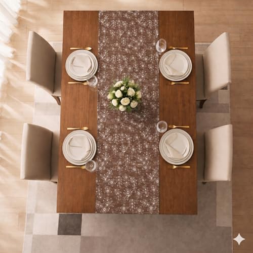 Image of STITCHNEST Woven Table Runner 13x60 Inches | Beige Floral Design | Tassel Finish | Modern Dining Table Decor