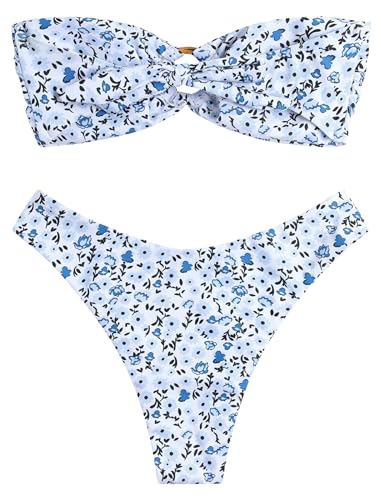 Image of ZAFUL Women's Bandeau Bikini O Ring Strapless Tie Back High Cut Two Piece Swimsuit Bathing Suits