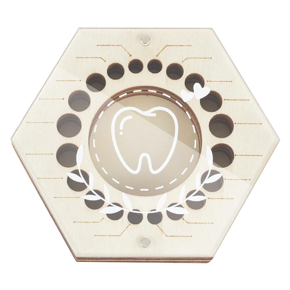 PH PandaHall Wooden Tooth Fairy Box, Hexagon Teeth Keepsake Box with Clear Acrylic Lid Tooth Saver Holder Organizer for First Lost Teeth Baby Shower Birthday Gifts, 1 Piece