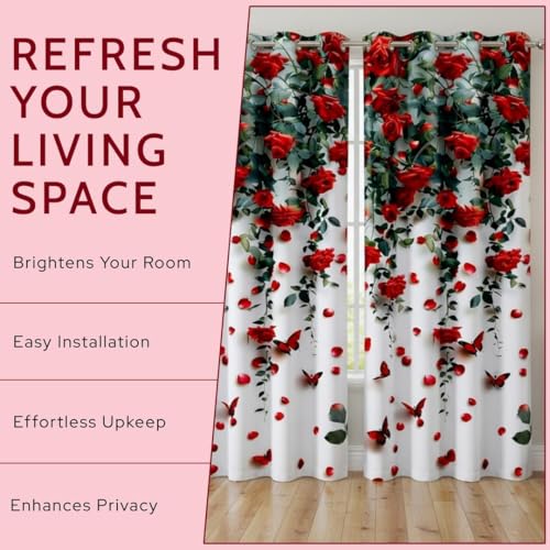 Image of Digital Printed Window Curtains 7 Feet Set of 2 | Red Rose & Butterfly Floral Design | Eyelet Grommet Top Polyester Curtains for Living Room, Bedroom, Door & Home Decor | White