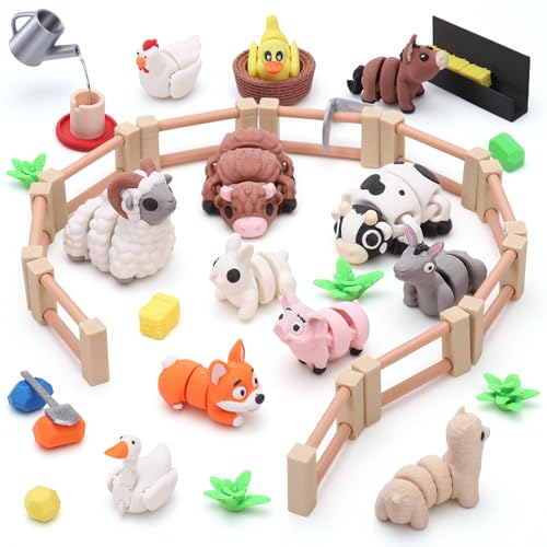 Image of YILCER 40 PCS 3D Printed Farm Animal Figures Toys Set Christmas Stocking Stuffers for Kids Flexible Articulated Fidget Toys Cute Desk Decor Party Favors Gifts for Kids Students Carnival Prizes Reward