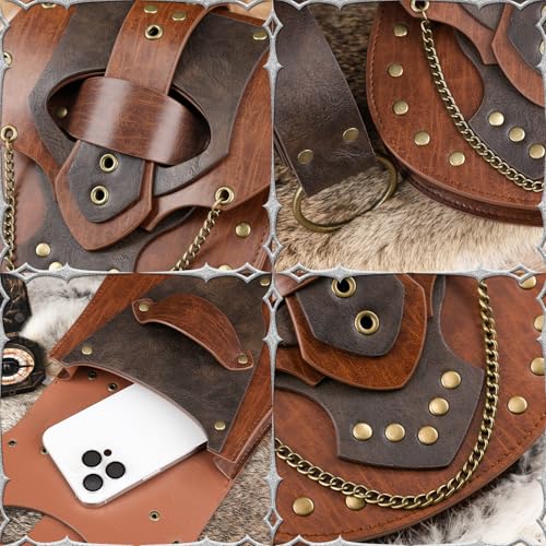 Image of HiiFeuer Steampunk Studded Waist Pack Bag with Belt, Vintage Punk Belt Pouch Portable Fanny Purses for Ren Faire Cosplay (Brown A)