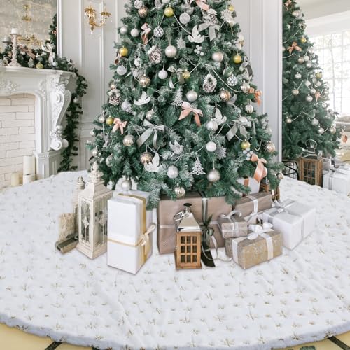 Libima 100 Inches Large Christmas Tree Skirt Faux Fur Xmas Tree Skirt White Plush Velvet with Gold Sequins Snowflakes for Xmas Decorations Merry Christmas Party Winter Holiday Ornaments