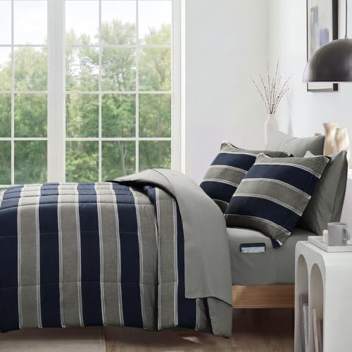 Image of Monbix Queen Comforter Set - 7 Pieces Bed in a Bag Queen, Light Grey-Stripe Bedding Sets, All Seasons Comforter Bed Set with Sheets, Pillowcases & Shams