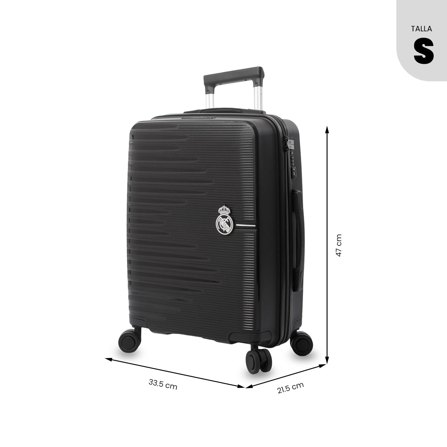 TOTTO - Maleta Cabina Real Madrid, 35.5 x 47 x 21.5 cm, Capacidad 35L, Maleta de Viaje rígida Resistente a Impactos, Ruedas 360º, Manija Telescópica, Correas Internas, Candado 3 Dígitos, Color Negro
