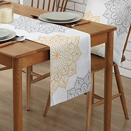 Yellow Grey Floral Table Runner 70 Inches Long,Cotton Linen Abstract Dahlia Flower Gray White Kitchen Dinner Dining Table Runners, Retro Mandala Burlap Tablerunner For Table/Dresser/Dining/Party Decor #TOP1
