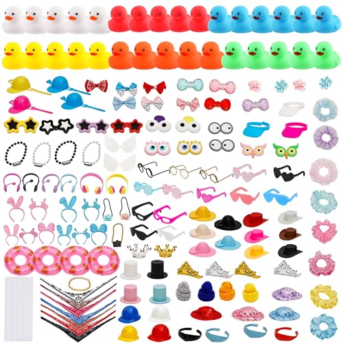 Swakuta 160 Pcs Rubber Duck Accessories with 30 Mini Ducks DIY Duck Decorating Kit Cowgirl Hats Glasses Necklaces Swim Rings Mini Ducks Party Favor Decorations for Birthday Baby Shower Pool Party