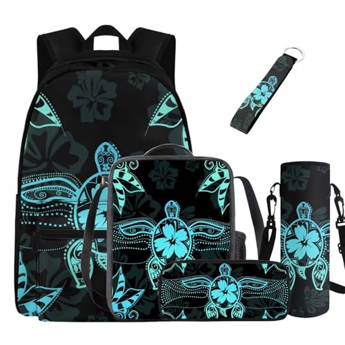 Talayituse Turtle Hibiscus Backpack Set with Lunch Bag Pencil Case Water Bottle Sleeve Keychain, 5 Pcs Kids Schoolbags Set Kindergarten Elementary Middle School Book Bags Daypack for Teen Boys Girls