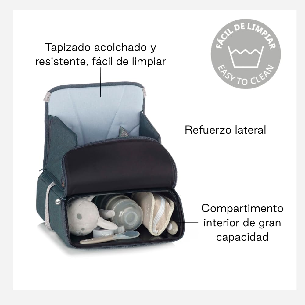 Jané Booster Seat Asiento Elevador Bebé, Trona Portátil de Viaje con Compartimento, Fijación Segura, Hasta 15 kg, Azul