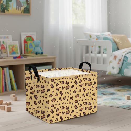 Image of Rectangular Cheetah Pattern Kids Basket Cute Storage Bin with Handles Room Decor (Khaki Leopard Print)