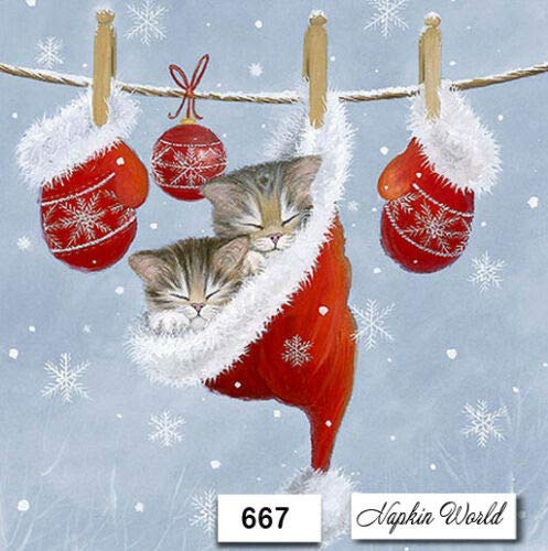 (667) TWO Individual Paper LUNCHEON Decoupage Napkins - CHRISTMAS SLEEPY KITTENS