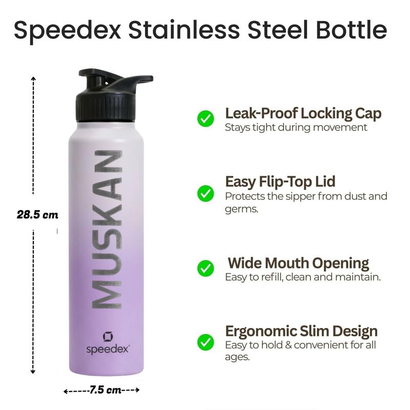 Image of Speedex Customised Stainless Steel Water Bottle 1 Ltr with Name - Personalised Engraved Sipper Cap Bottle for Kids, Men & Women, School, Gym, Office Dual Purple, Set of 1