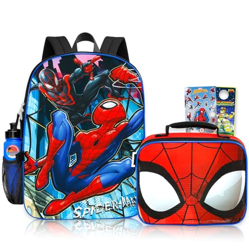 Mochila e lancheira do Homem-Aranha para meninos – Pacote com bolsa escolar de super-herói Marvel de 40,6 cm, lancheira, garrafa de água, adesivos, mais | Mochila Homem-Aranha com lancheira