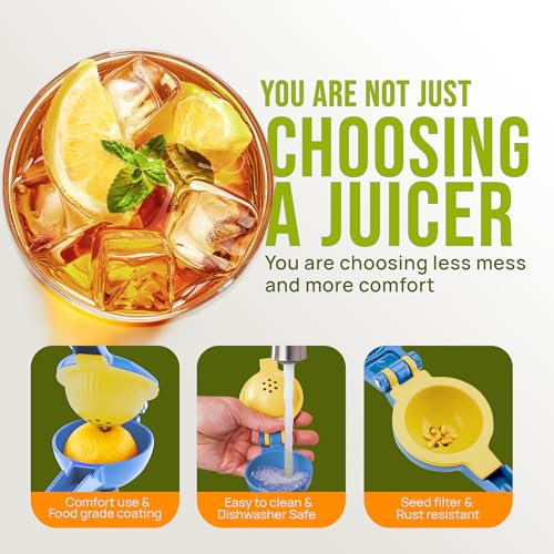 Image of Zulay Kitchen Metal 2-in-1 Lemon Squeezer - Sturdy Max Extraction Hand Juicer Lemon Squeezer Gets Every Last Drop - Easy to Clean Manual Citrus Juicer - Easy-Use Lemon Juicer Squeezer - Blue /Yellow