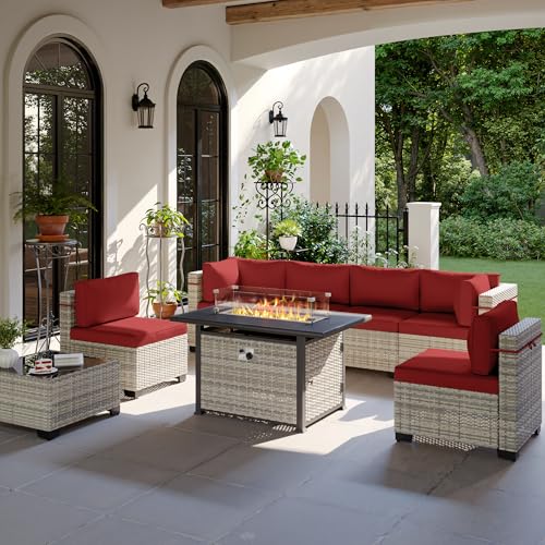 Image of Outdoor PE Wicker Rattan Modular Patio Sectional Sofa Set | 8-Piece: 6 Modular Seats, Coffee Table & 55,000 BTU Fire Pit Table, Red