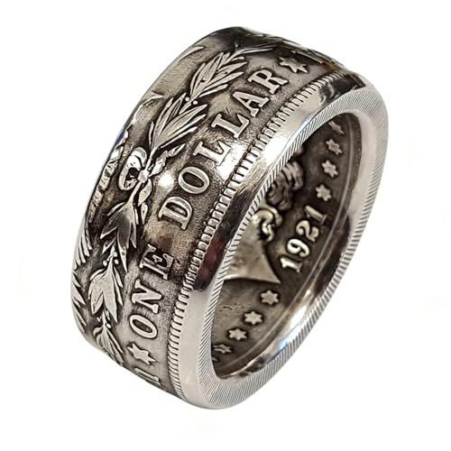 SUKKCCNO 925 Sterling Silver Dollar Ring Vintage United States National Emblem Engraved Double Side Coin Rings Gothic Punk Statement Band Handmade Wide Ring for Men Jewelry Gift 13