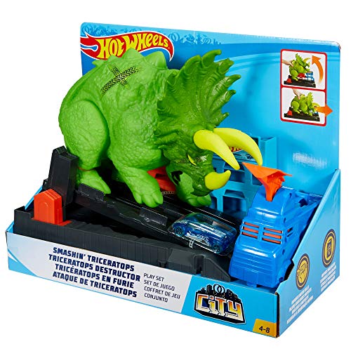 Hot Wheels City Global Nemesis TV, Dinosaurio Triceratops y lanzador de coches de juguete (Mattel GBF97)