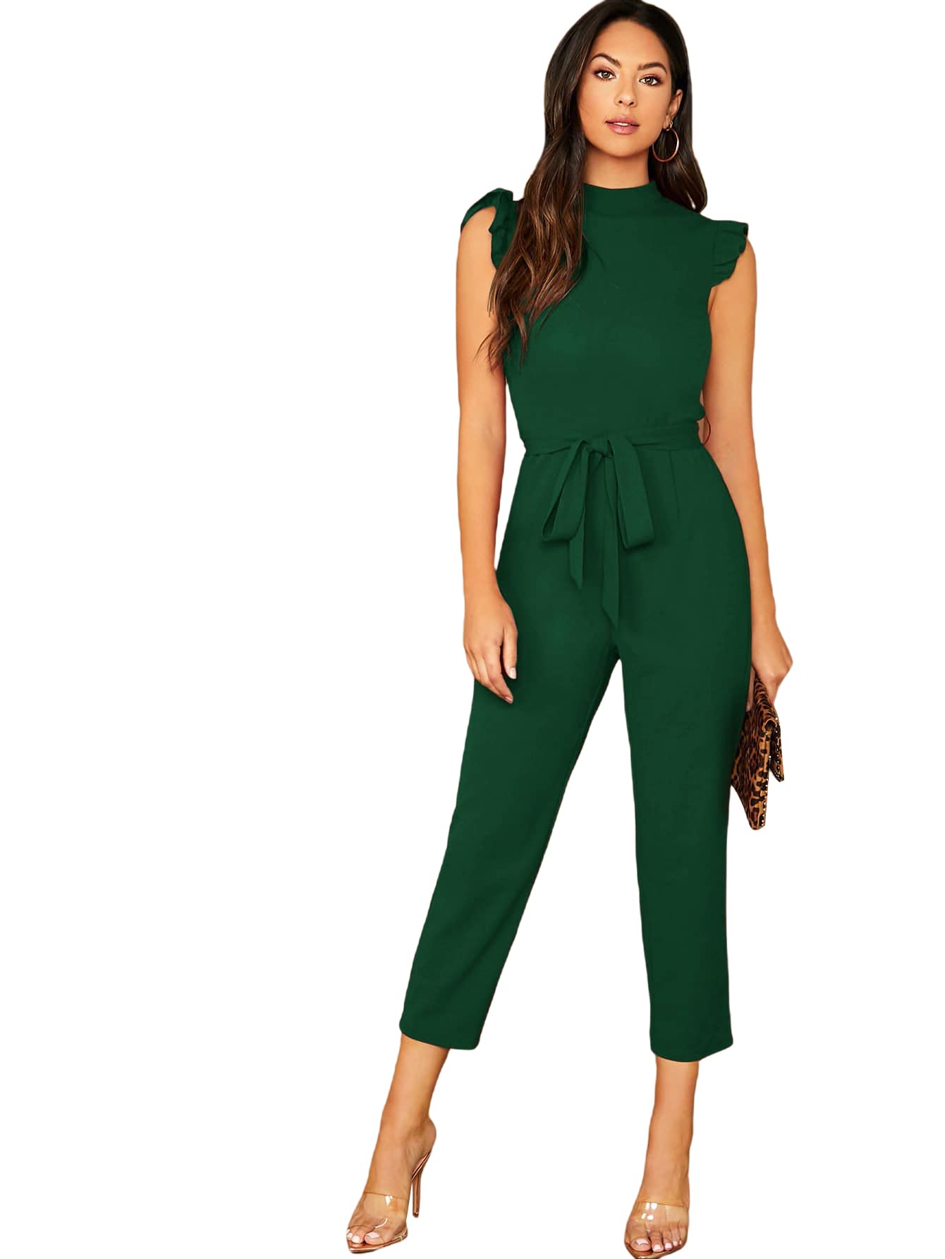 Photo 1 of **non refundable****
WDIRARA Women's Sleeveless Mock Neck Ruffle Trim Belted Cropped Jumpsuit Romper Medium Dark Green