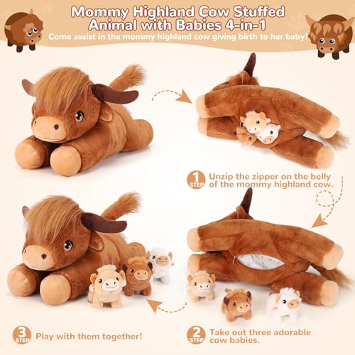 Image of 4 Pieces Highland Cow Stuffed Animals - 1 Mommy Stuffed Highland Cow with 3 Babies - Brown Cow Gifts for Girls Age 3-8, Cows Plush Toys for Christmas, Valentine's, Birthday Gifts (Brown)