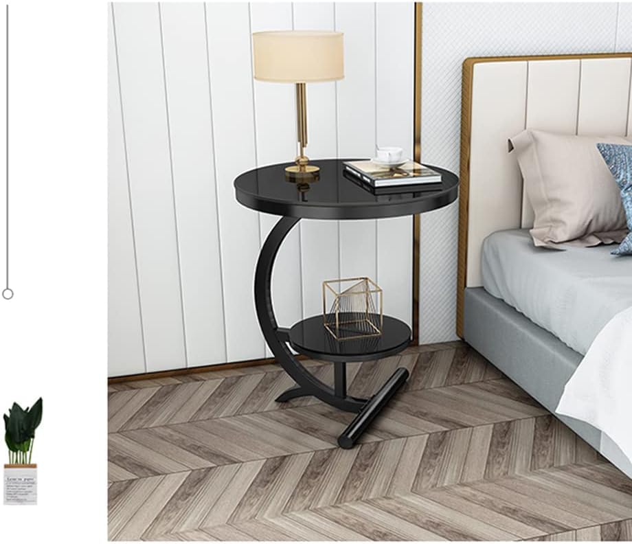 NEST NATURE HAVEN Wood And Metal 2 Tier Round Coffee Table Nightstand Bedside Telephone Table with Storage, End Sofa Side Corner Table for Living Room Bedroom Small Spaces (Black)
