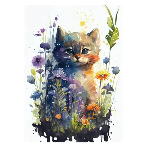 Arte de pared en lienzo LEMST con impresión duradera de flores y gatito tierno