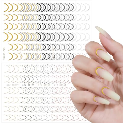 8 Sheets French Tip Line Nail Art Stickers, 3D Simple Gold Silver Line...