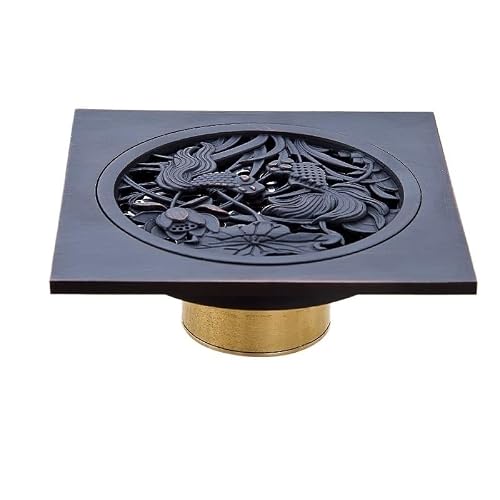 Lkfjnhepf Black 10X10 C Floor Drain Shower Drains 10 * 10Cm Square Bath Strainer Hair Antique Brass Fish Carved Bathroom Floor Drain Waste Grate(Black 10X10 C)