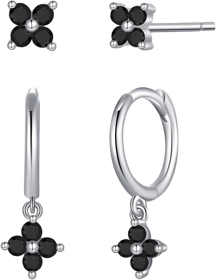 Dainty Flower Shaped CZ Dangle Hoop and Stud Earrings Sets for Women, Drop Huggie Earrings with Cubic Zirconia Charm in Sterling Silver Gifts for Her