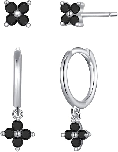 CZ Clover Dangle Hoop and Stud Earrings Set for Women, Sterling Silver Drop Hugg