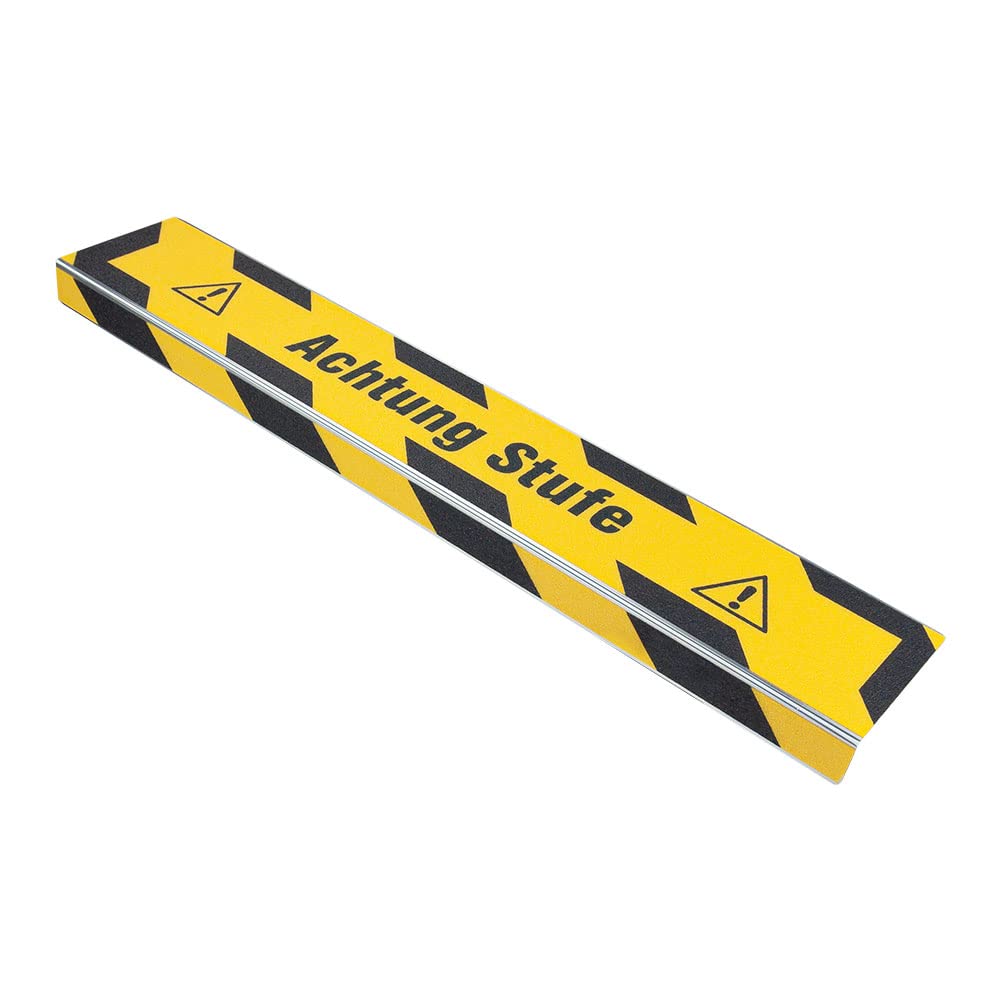 AnTina TAPES® Treppen-Kanten-Profil "Thin Line" 100 mm, Kanten-Schutz-Profil mit Antirutsch-Beschichtung R13 für Treppen & Stufen (10x80cm, gelb "Achtung Stufe")