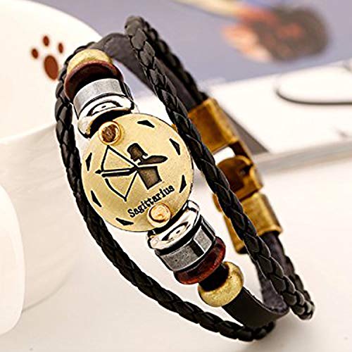 Image of Young & Forever Zodiac Sign Multi-Strand Genuine Leather Bracelet for Men & Boys - Adjustable Tribal Wristband with Antique Metal Charm