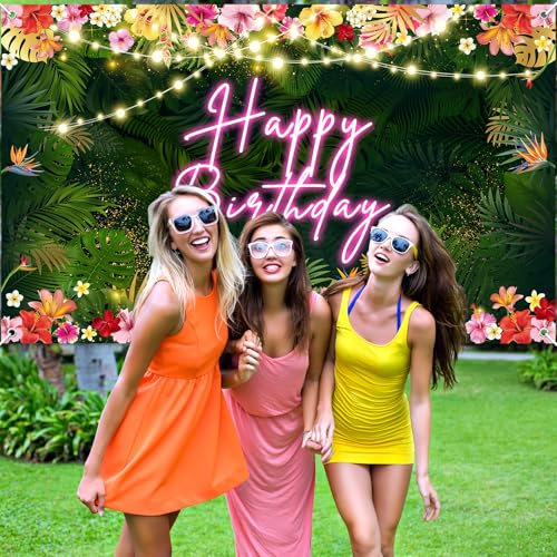 Image of Avezano Hawaiian Tropical Birthday Backdrop Tropical Palm Leaves Birthday Party Background Luau Happy Birthday Party Decorations Aloha Birthday Banner Party Banner (70.8 x 43.3 inches)