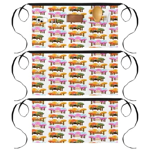 Lot de 3 tabliers courts de chef multicolores à 3 poches pour bistrot
