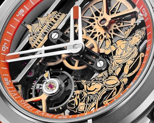 Image of Luxury Automatic Shree Ram Edition Watch for Men- Women Heavy Open Machine Design with Orange Straps, Shri Ram ji & Hanuman ji Artwork, Ayodhya Mandir Dial | Premium Devotional Wristwatch [41mm Bezel] 1Year warranty]