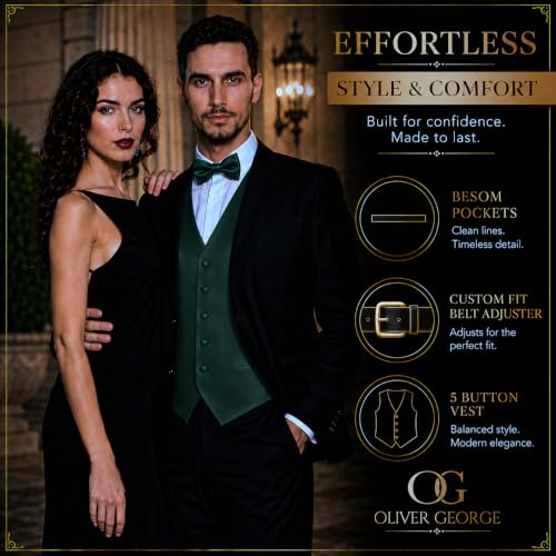 Image of Oliver George 4pc Men's Solid Formal Suit Waistcoat Tuxedo Dress Vest Necktie Bowtie Handkerchief Set for Suit or Tuxedo
