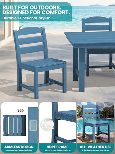 Image of SERWALL Outdoor HDPE Armless Dining Chairs Set of 2,All-Weather Use,Blue | Weather-resistant dining chairs resist fading and cracking, with armless design for comfortable outdoor seating.