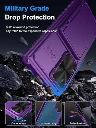 Image of Vihibii for Samsung Galaxy S24 Ultra Back Cover with Card Holder (4 Cards) & Slide Camera Cover & Kickstand, Shockproof Rugged Hard Back & TPU Soft Edge Case for Galaxy S24 Ultra, Dark Purple