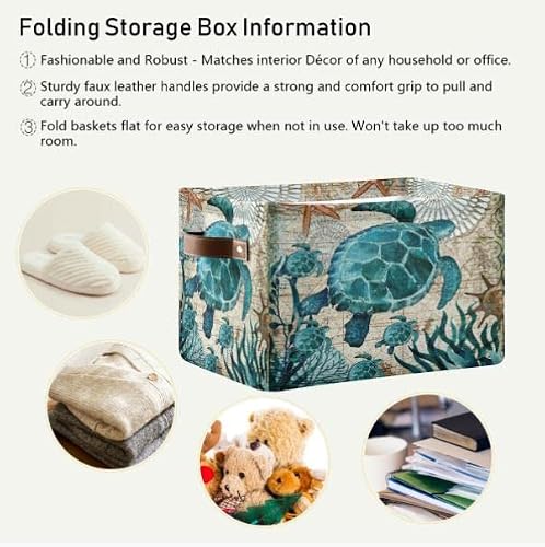 Qmxo Vintage Sea Turtle Canvas Fabric Storage Basket Collapsible Toys Storage Bin With Pu Leather Handles Basket Box Organizer For Wardrobe Closet Shelves Organiser #TOP5