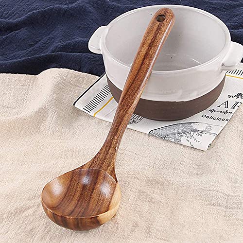 Image of 6 pcs Best Wooden Kitchen Utensils Non Stick Cooking Spoons Wood Spatula Serving Spoon Soup Ladle Utensils Set