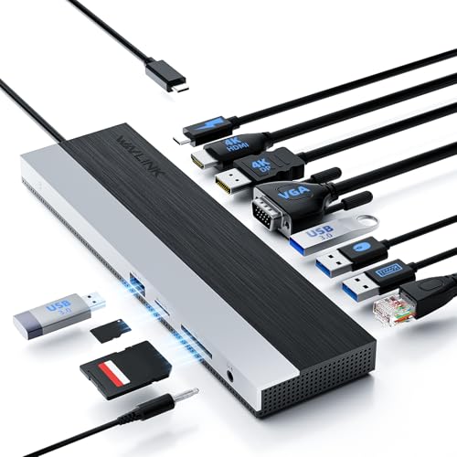 WAVLINK USB-C Docking Station 3 Monitors, Docking Station with HDMI, DP, VGA, 100W PD, USB3.0&2.0, RJ45, SD/TF Slots, Audio/Microphone for Lenovo/HP/Dell etc - Grey