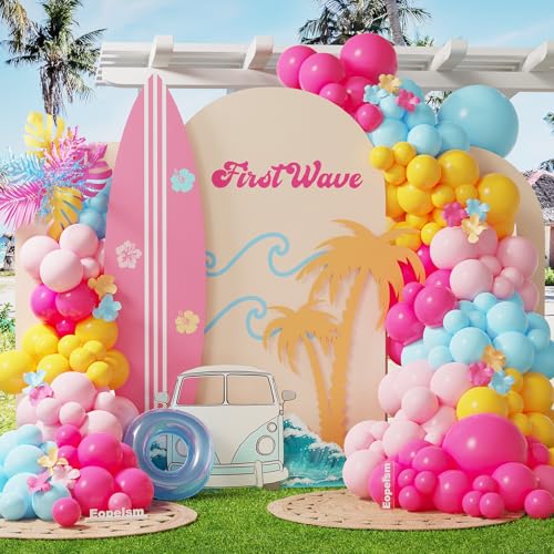 Image of Tropical Balloon Arch Kit 152Pcs Hot Pink and Blue Yellow Balloon Garland for Summer Hawaiian Surf Beach Vibe Baby Shower the Big One Birthday Party Decorations